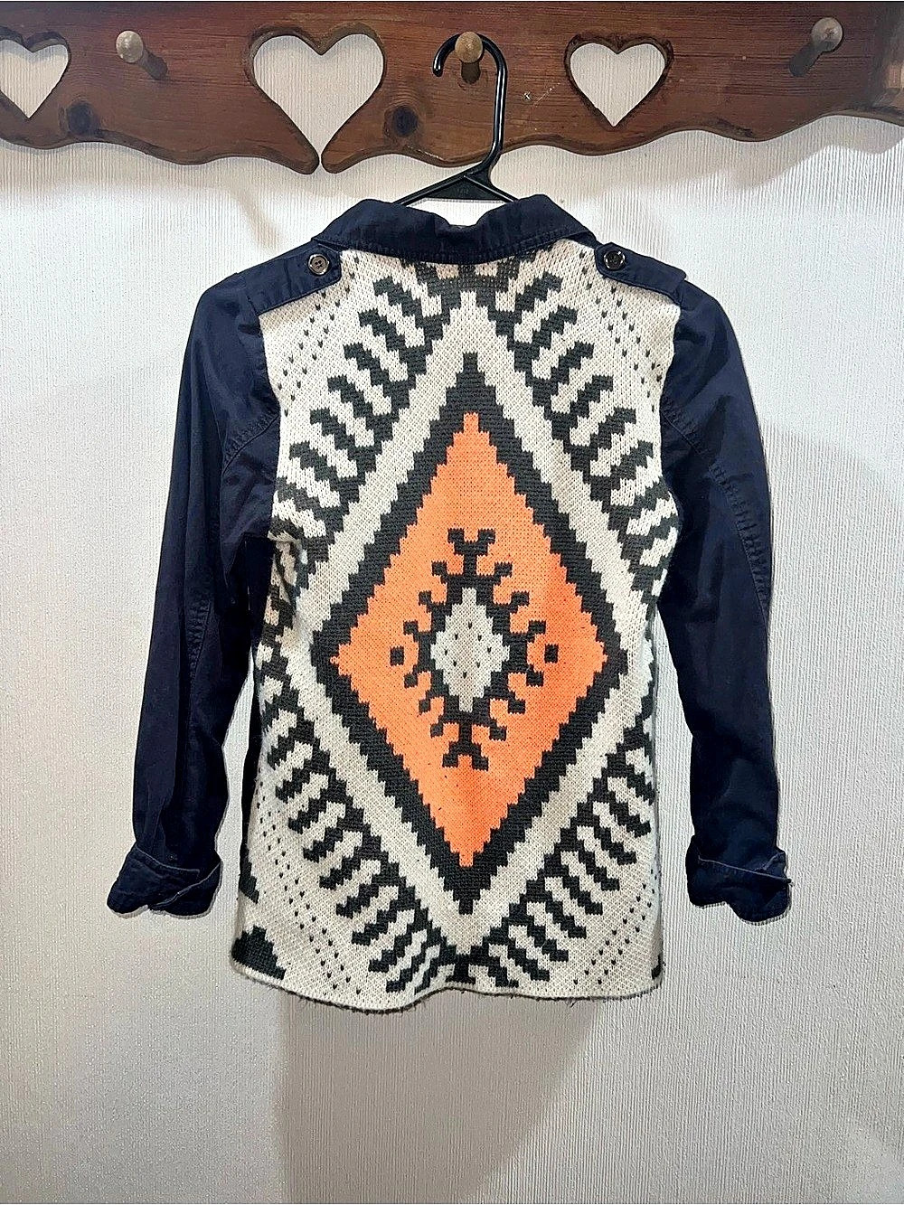 Mine Utility Jacket Womens Small Navy Blue Southwestern Aztec Knit Back Safari